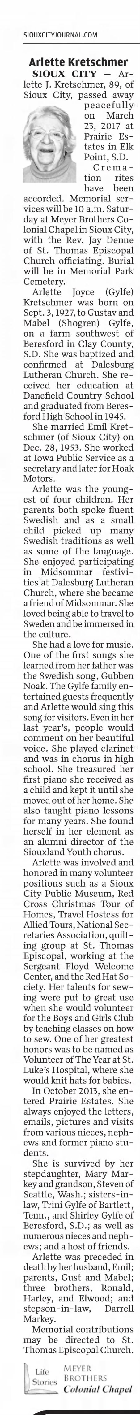 Obituary for Arlette Joyce Kretschmer, 1927-2017 (Aged 89)